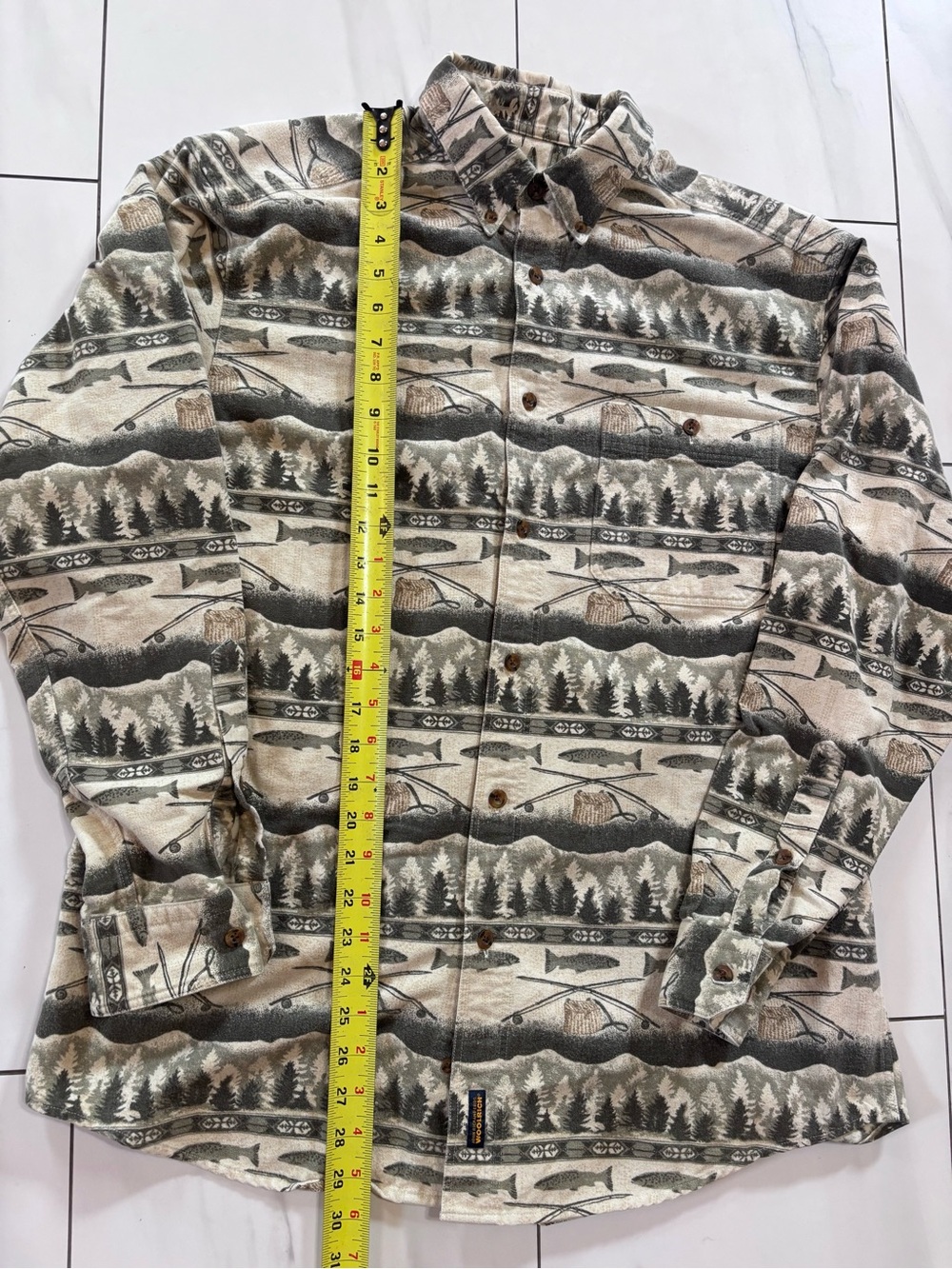 Vintage Woolrich Fishing Trout / Forest Print flannel Button Down Shirt size L - Picture 3 of 6